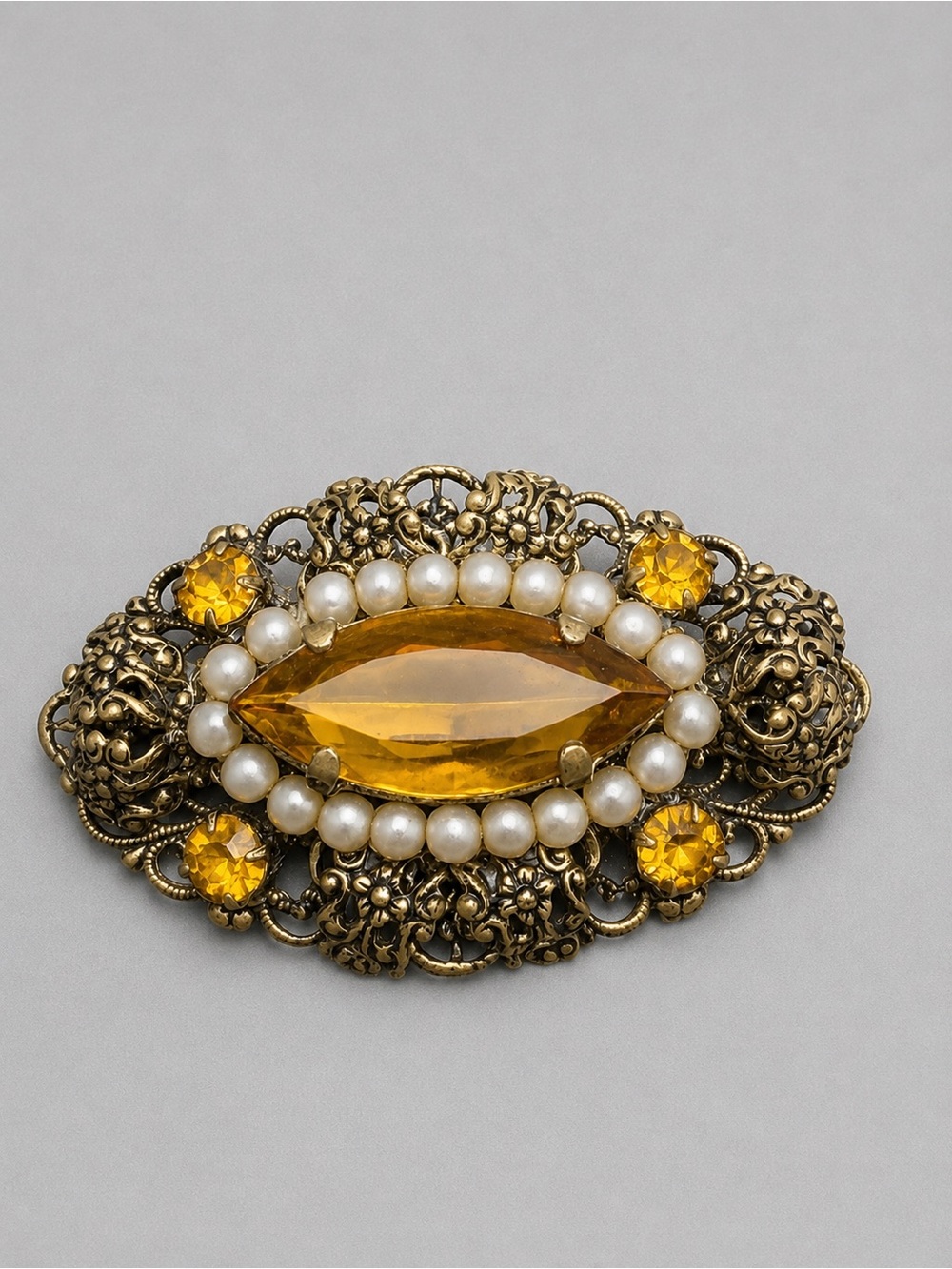 Vintage Gold Filigree Brooch with Amber Crystal and Pearls #cz146